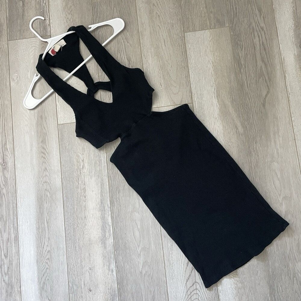 Free People Dress cotton v neck cutout ribbed mini womens Black large going out